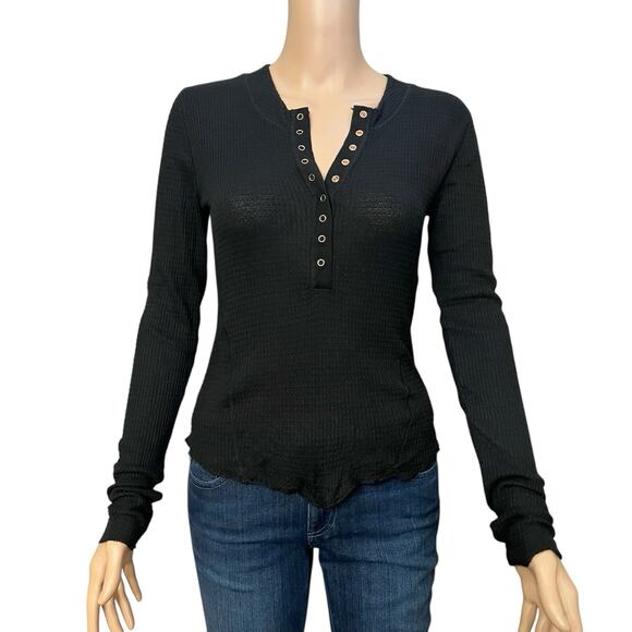 Free People Tops - Free People Intimately One Of The Girls Henley Tshirt Medium Black Long Sleeve